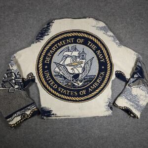 Vintage Tapestry Sweater Knit Nautical Americana Heavyweight Navy Military USA